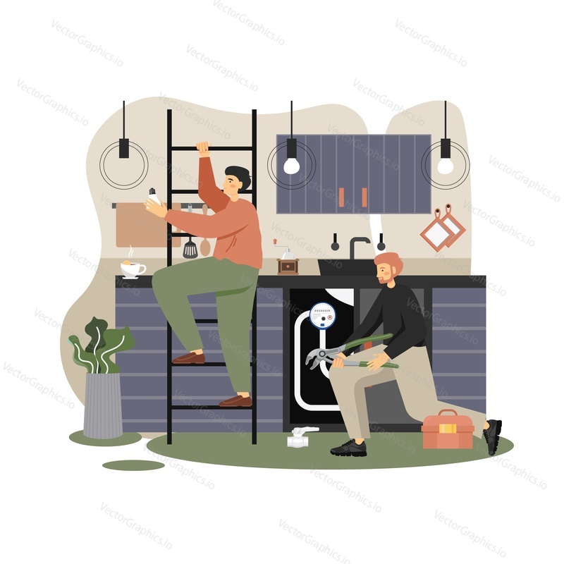 Electrician and plumber workers changing light bulb, fixing clogged kitchen sink, vector flat illustration. Kitchen interior and home master repairman cartoon characters. Home repair services.