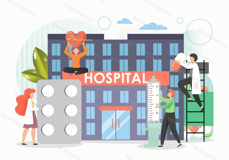 Tiny doctors medical professionals team providing medical assistance to woman patient with heart or cardiovascular disease in hospital, vector flat illustration. Cardiology, hypertension, heart health