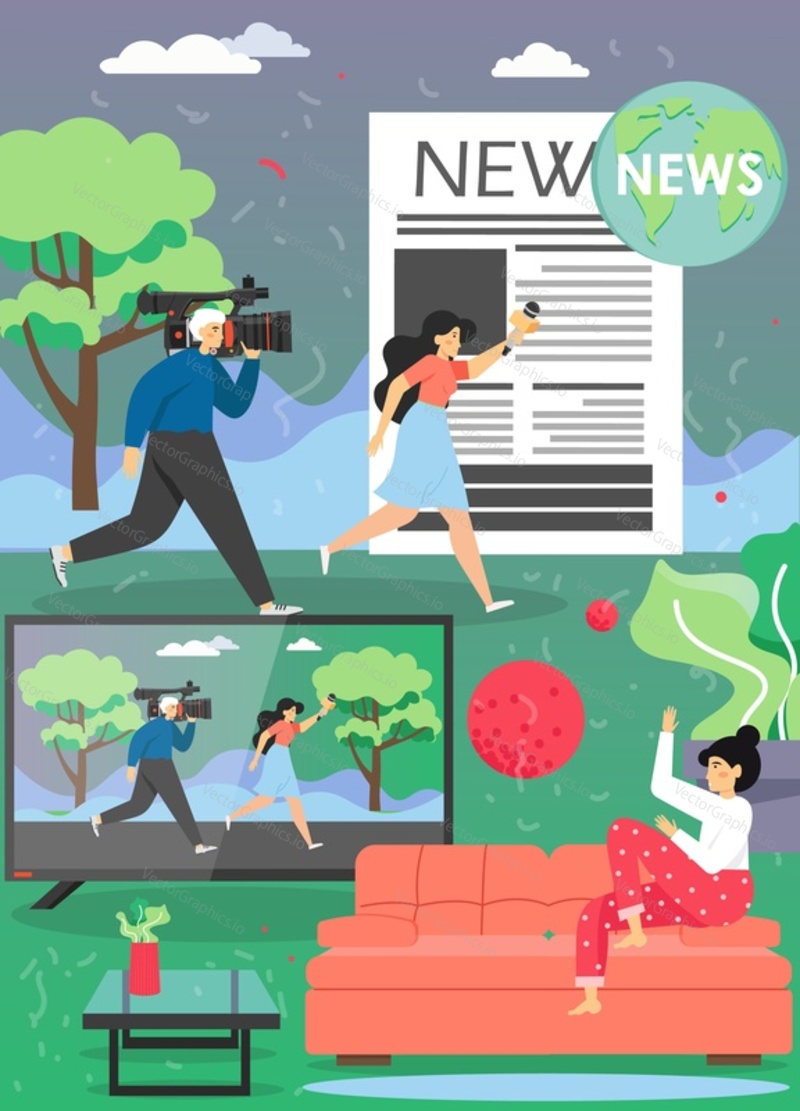 Television news vector poster template. Young woman watching the latest tv news program while sitting on sofa at home. Journalist with mic and cameraman going to take interview for print newspaper etc