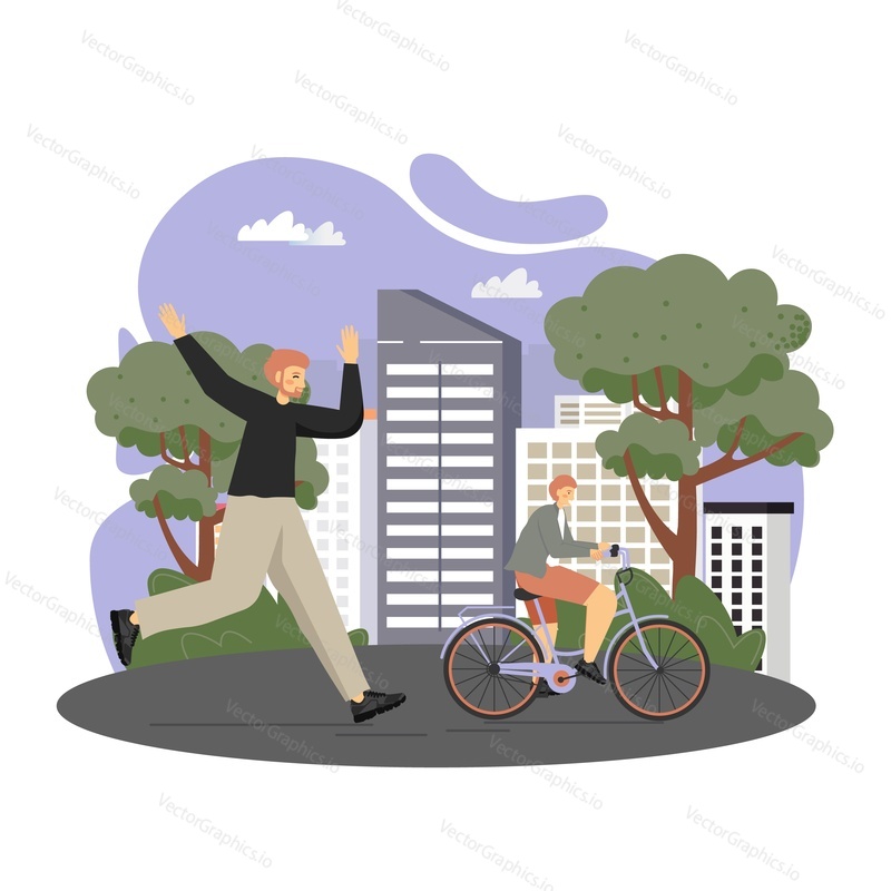 Happy father teaching his kid boy to ride bicycle running behind him, vector flat illustration. Parenting, happy fatherhood and childhood, parent child relationship, parental love and care for kids.