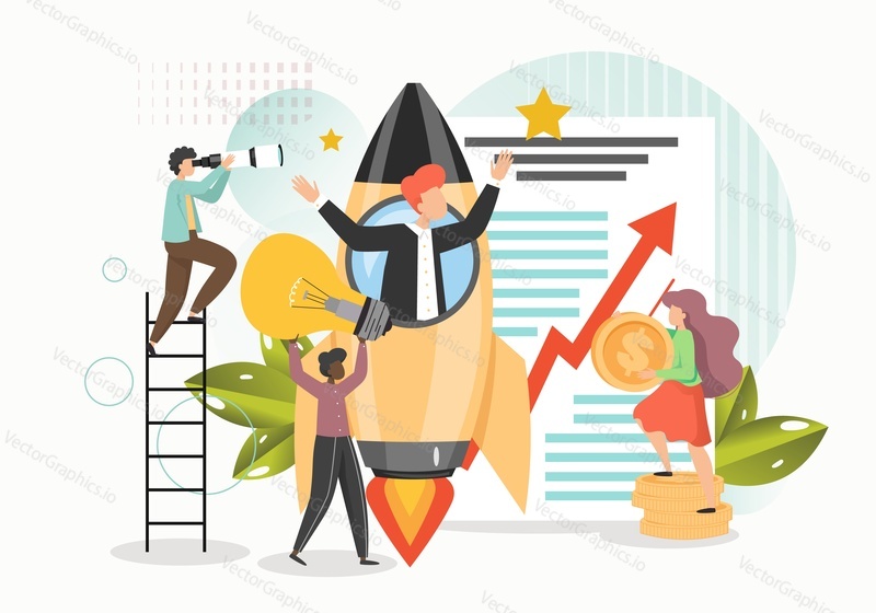 Business startup with new ideas, vision, growth strategy, professional team tiny people, vector flat illustration. Business project launch, innovation, entrepreneurship, teamwork.