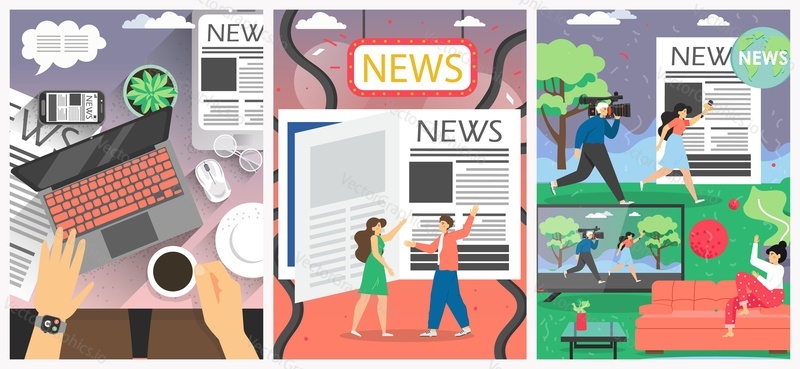News media vector poster banner template set. People reading print newspaper, online news, watching TV news. Print, broadcast and internet, main types of mass media. Flat style design illustration.