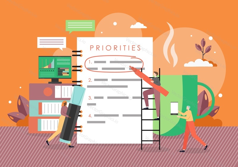 Growth agenda, to do list. Tiny people professional team identifying priority tasks to reach business goals, vector flat illustration. Work planning, aligned priorities, successful business strategy.