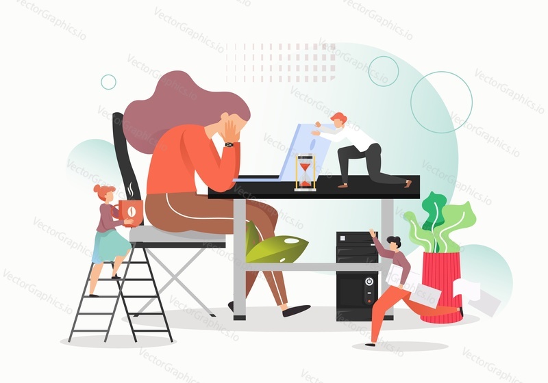 Hard work concept vector flat illustration. Office situation. Unhappy tired and overworked woman sitting at table and having really bad headache. Work burnout, mental fatigue, emotional exhaustion.
