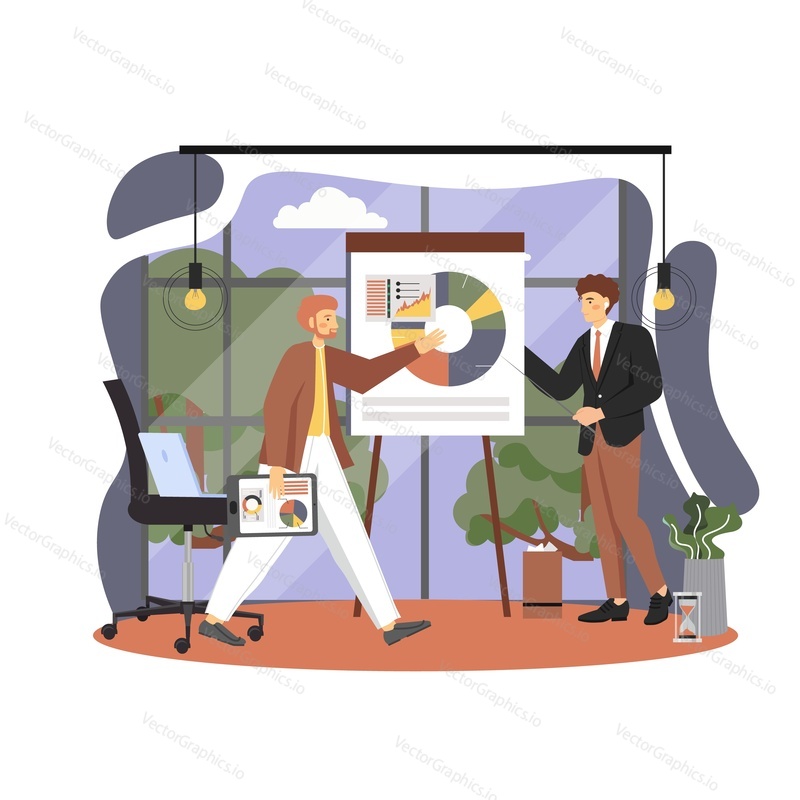 Office people lifestyle. Businessman giving lecture, presentation pointing at flip chart graph, vector flat illustration. Business training, business people meeting, office situation.