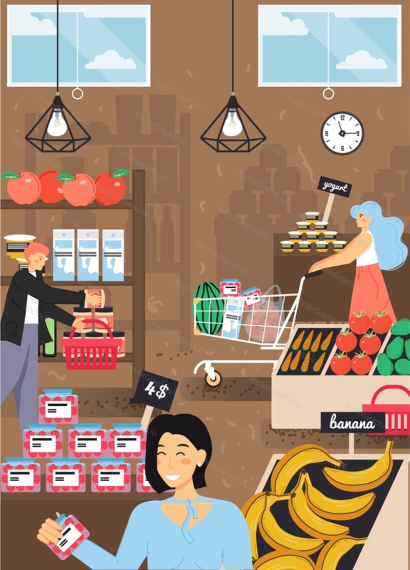 Food shop, farmers market vector poster template. Male and female characters shopping for groceries. People with shopping basket and cart full of fruit, vegetables, other products, flat illustration.