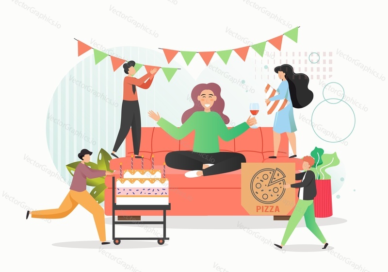 Group of people celebrating corporate party with cake, pizza, wine, vector flat illustration. Birthday party celebration with friends. Happy holiday.