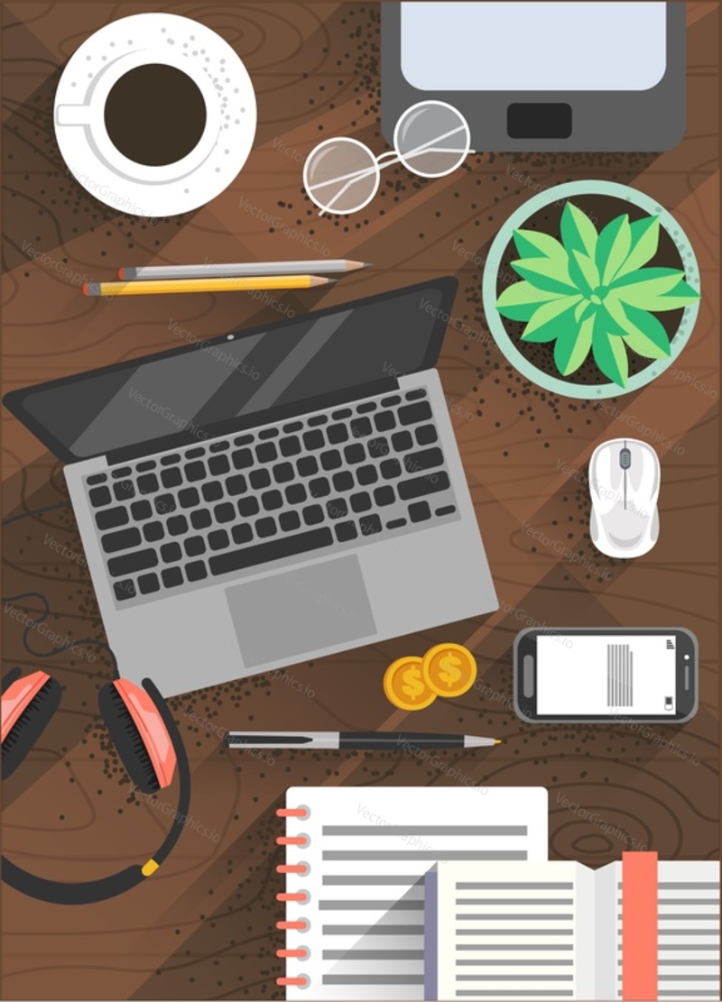 Modern office workplace vector poster template. Desktop with laptop computer, headphones, cacti flower, cup of coffee, notebook, pencils and other office supplies, top view flat style illustration.