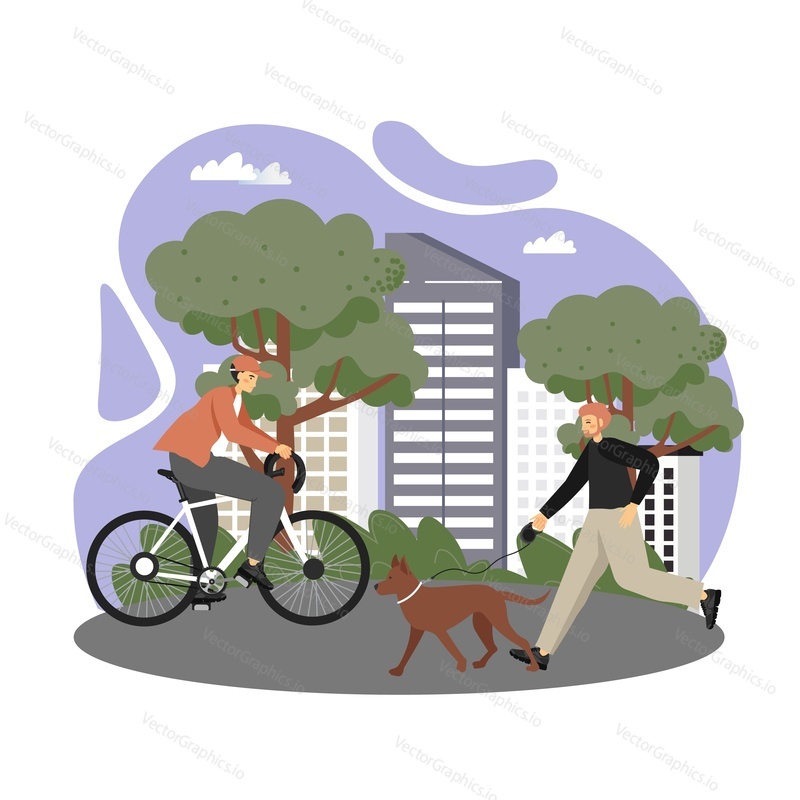 Happy male characters riding bicycle and walking pet dog in city park, vector flat illustration. Active and healthy lifestyle, summer outdoor activities.