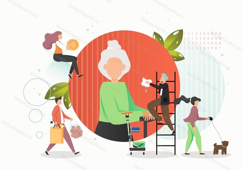Caring for elderly concept vector flat illustration. People taking care of senior woman buying food, walking the dog, cleaning house, helping with money. Care and support for seniors, volunteering.