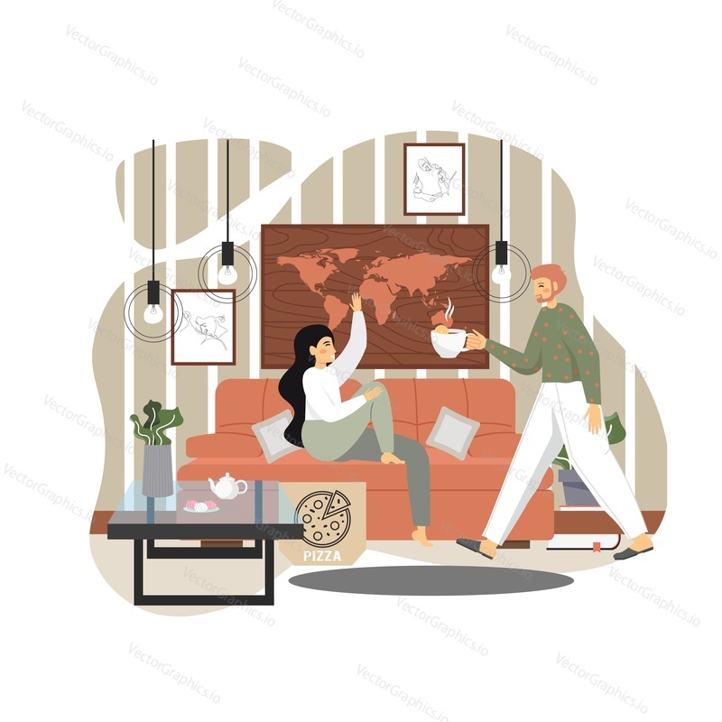 Happy family couple taking rest at home, vector flat illustration. Attentive husband giving cup of tea to her wife sitting on sofa in living room. Positive family relationship concept.