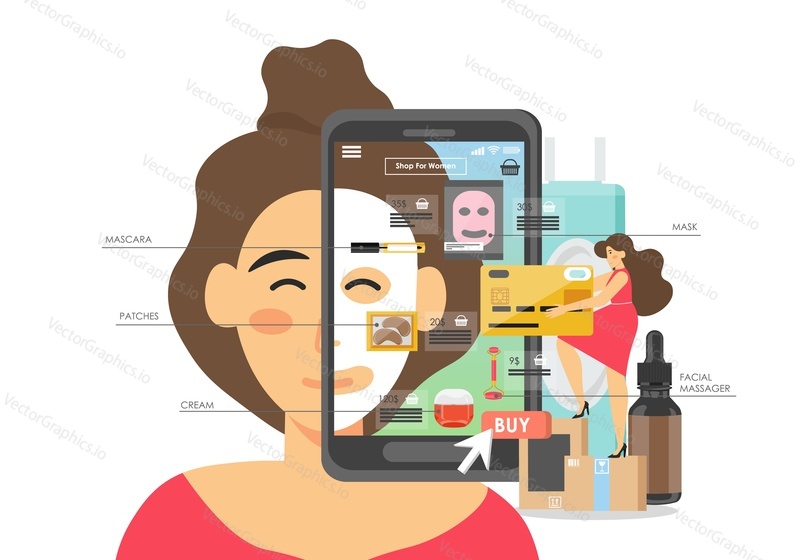 Makeup and cosmetics online store, vector flat illustration. Woman making purchases of face sheet mask, cream, eye patches, mascara, facial massager. Skin care and beauty products online, e-commerce.