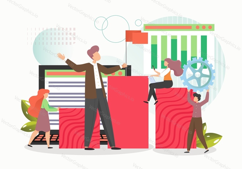 Successful business man leader with red flag leading his team to success, vector flat illustration. Male and female characters colleagues building bar graph, holding gear. Business leadership concept.