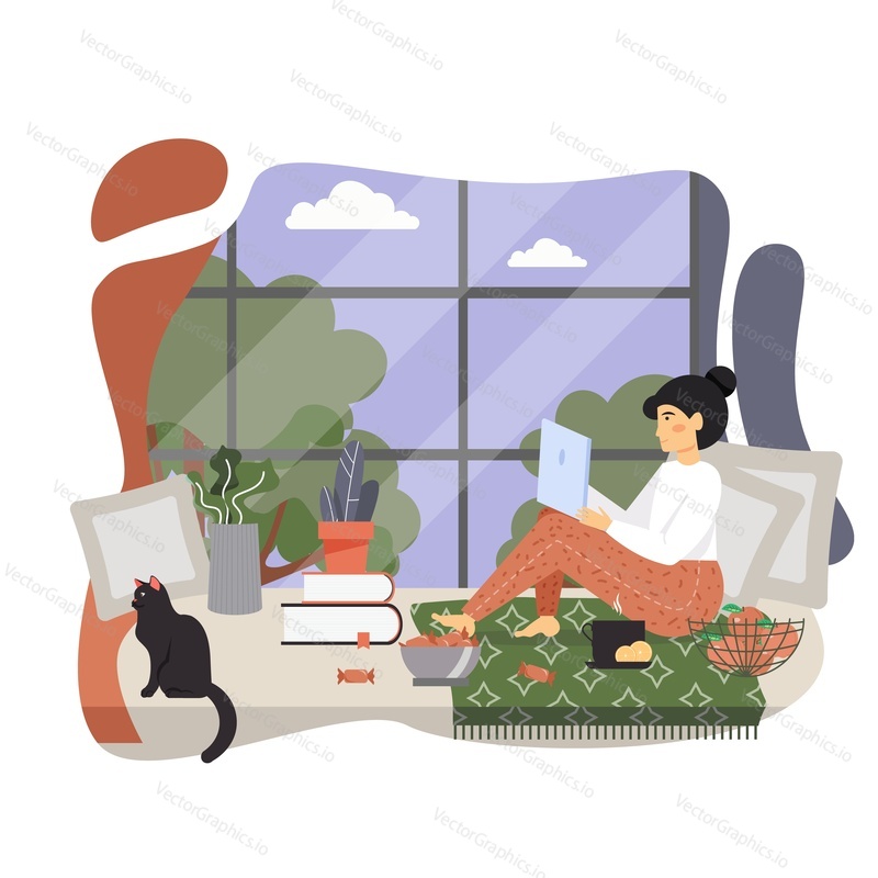 Young woman freelancer working on laptop at home sitting by the window together with her pet cat in comfortable living room, vector flat illustration. Remote work, freelancing, home workplace.