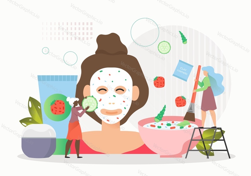 Tiny female characters beauticians applying diy natural cucumber fruit aloe vera mask on woman face, vector flat illustration. Cosmetology, cosmetic facial treatment, beauty facial procedure.