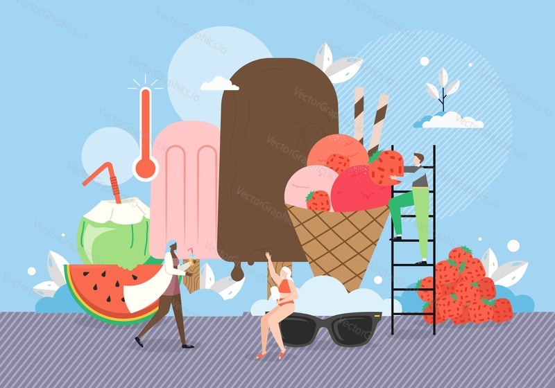 Tiny people decorating ice cream cone with strawberries, beach woman eating icecream, vector flat illustration. Summer frozen food, tasty sweet dessert. Ice cream party, beach vacation, summertime.