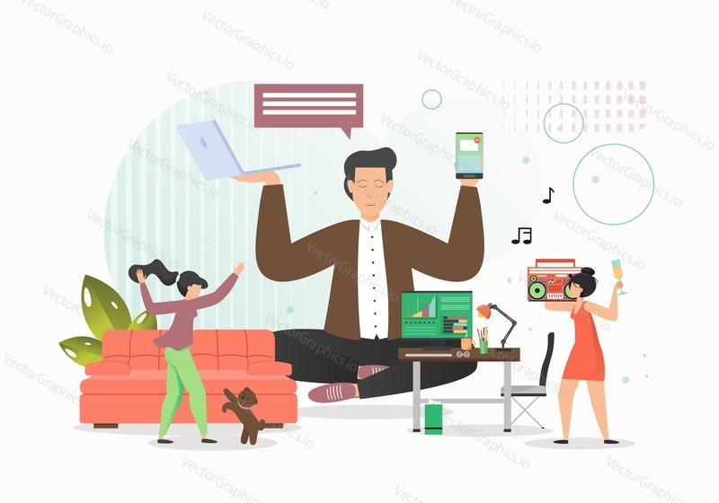 Businessman meditating in lotus position in office, women playing with dog pet, listening to music drinking champagne vector flat illustration. Mental balance, harmony, mental calmness, stress release