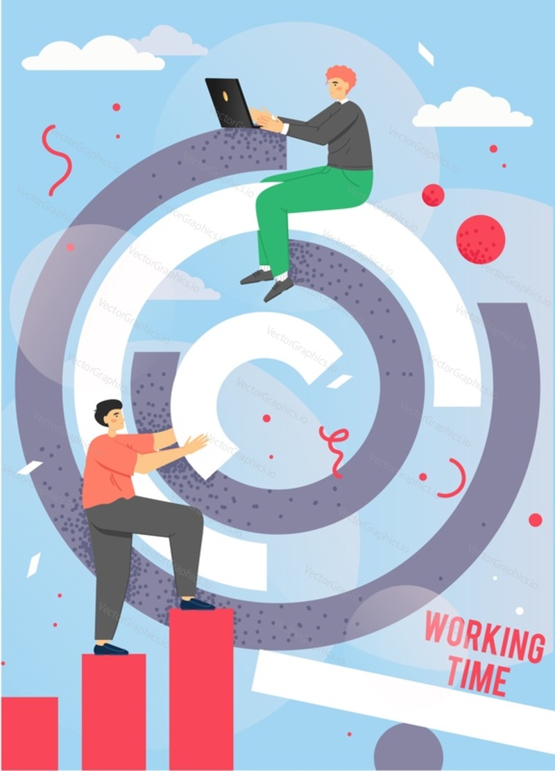 Working time vector poster template. Business people working on laptop sitting on chart, building pie diagram standing on bar graph. Analytics, data analysis, office time, teamwork, flat illustration.