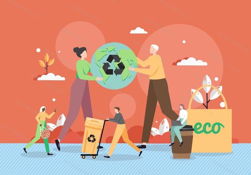 Man and woman holding planet globe with recycle symbol, tiny people sorting waste, using eco shopping bag, reusable cup, vector flat illustration. Zero waste green eco friendly lifestyle, ecology.