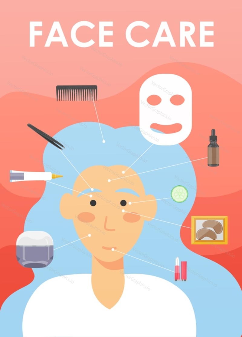 Face care procedures vector poster banner template. Woman taking care of her face visiting beauty salon. Cosmetic facial cleansing masks, eye gel patches, cream, lip balm, eyebrow plucking, hairstyle.