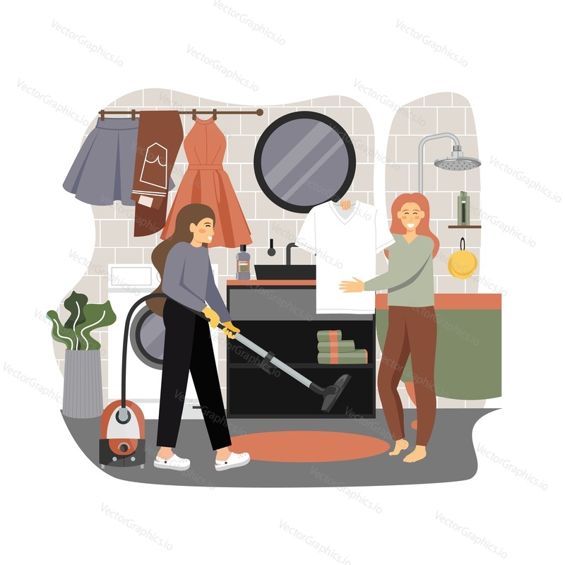 Two women cleaning ladies cartoon characters doing laundry, vacuuming carpet, vector flat illustration. Home cleaning, laundry, housekeeping maid services.
