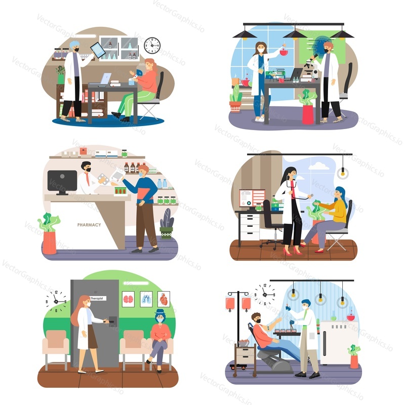 Doctor and patient, male, female cartoon character set, flat vector isolated illustration. Doctor therapist checkup in office, icu or intravenous therapy in hospital, pharmacy store, medical lab test.