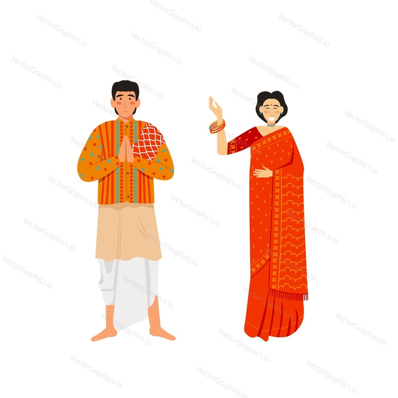 Indian couple man and woman wearing traditional indian clothing, vector flat isolated illustration. Sari or saree popular dress for women, indian traditional costume for men.