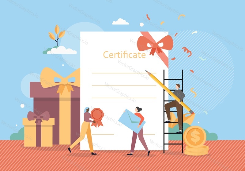Tiny male and female characters preparing certificate for delivery to award winner, customer, vector flat illustration. Gift certificate concept for poster, banner etc.