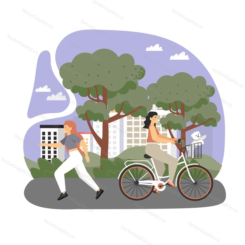 Happy female characters riding bicycle and running in city park, vector flat illustration. Active and healthy lifestyle, cycling, sport training.