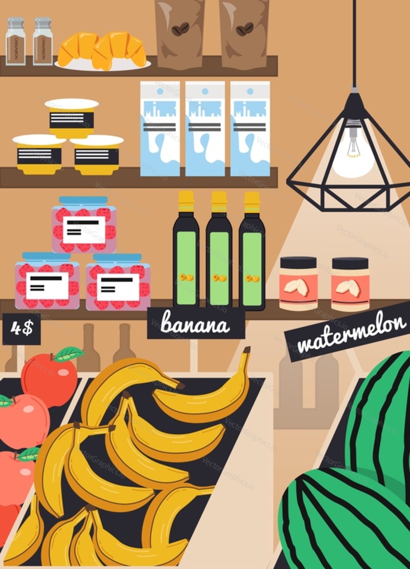 Grocery store, farmers market vector poster template. Food shop, supermarket interior with banana, apple, watermelon fruits, dairy products, olive oil, fruit preserves on shelves, flat illustration.