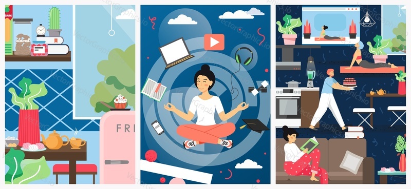 Stay home vector poster template set. People meditating, reading book, making cake, practicing yoga, learning and working from home to prevent corona virus COVID-19 disease spread, flat illustration.