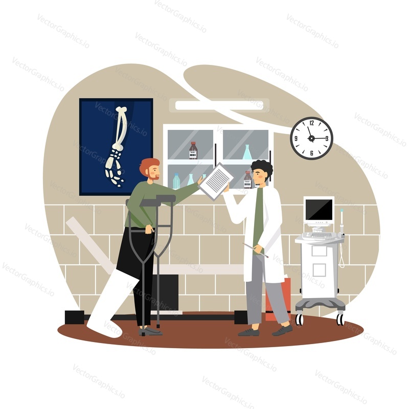 Врач мужчина разговаривает с раненым пациентом мужчина со сломанной ногой в гипсе, используя костыли в больничной палате, векторная плоская иллюстрация. Травматология, медицина и здравоохранение.