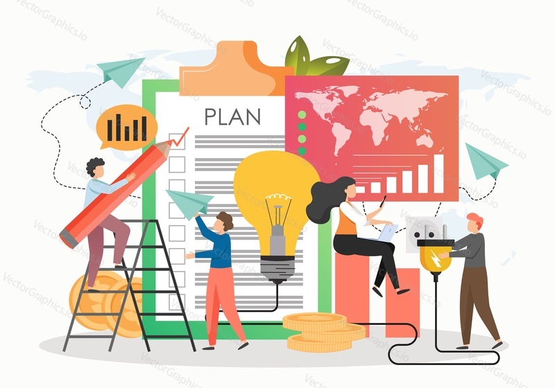 Tiny business people making mark in plan on clipboard with giant pencil, launching paper plane, flat vector illustration. Teamwork. Business plan, tasks implementation.