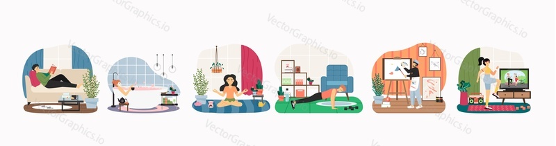 Stay home in quarantine scene set, flat vector isolated illustration. People doing yoga, sport exercises with online teacher, reading book, taking bath, drawing during quarantine. Self isolation.