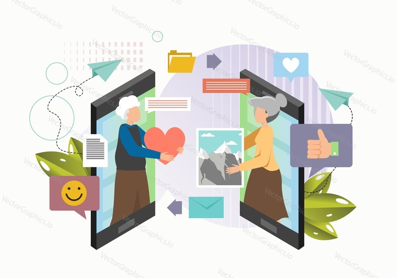 Young couple using mobile phones for chatting, sharing photos with likes, smiles and comments, flat vector illustration. Files sharing, transfer via internet connection.