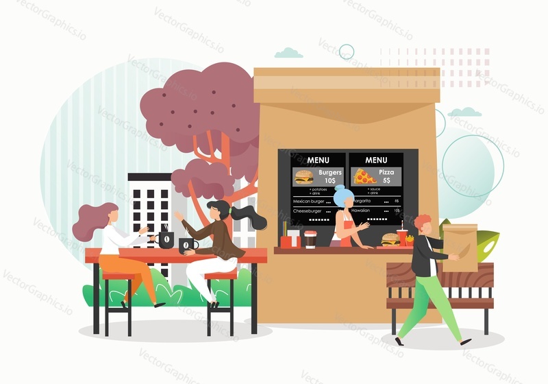 Fast food restaurant, cafe with outdoor seating, vector flat illustration. Young man buying takeaway food, two girls sitting at table and drinking coffee. Restaurant summer terrace, outdoor cafeteria.