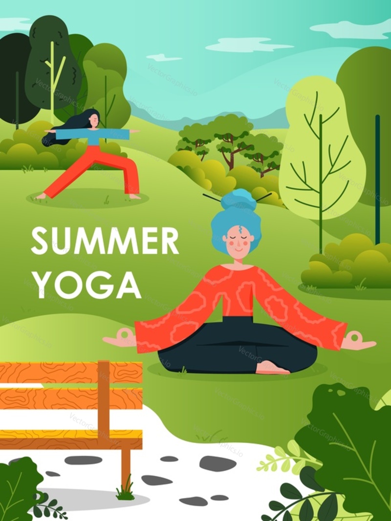 Summer yoga poster design template, flat vector illustration. Young women practicing yoga in park. Healthy lifestyle, outdoor workout.