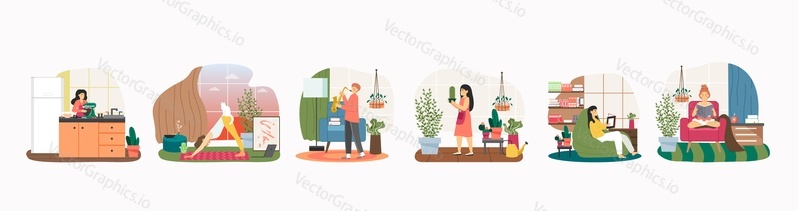 Stay home in quarantine scene set flat vector illustration. People doing yoga, cooking, reading book, playing saxophone, taking care of houseplants during quarantine. Self isolation. Hobby and leisure
