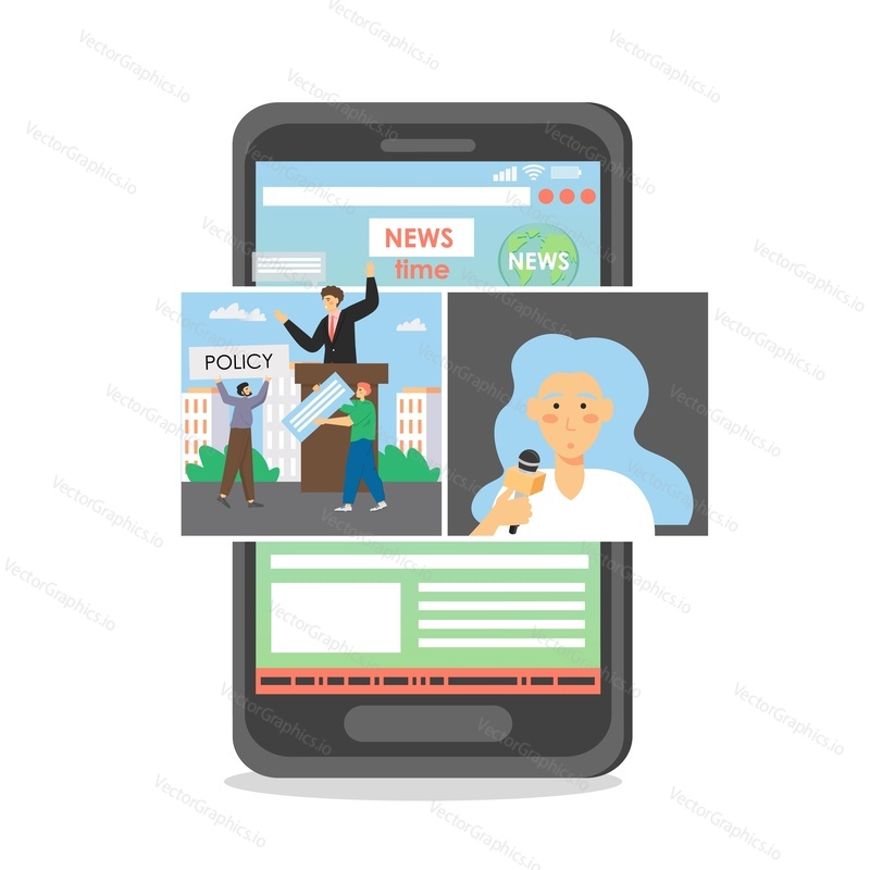 Smartphone with political news stories, photos and videos on screen, vector flat illustration. Politics, policy and government news on mobile phone.