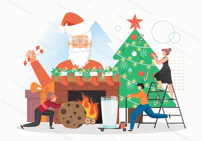 Santa Claus with candy cane, happy people decorating Christmas tree with balls garland, fireplace with Christmas socks and wreath, flat vector illustration. Preparation for winter holidays celebration