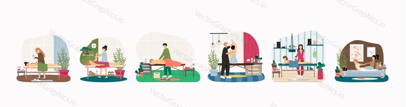 Massage therapy and relaxing spa body skincare procedures, flat vector illustration. People getting arm, back, leg, hot stone massage, Osteopathy, physiotherapy.