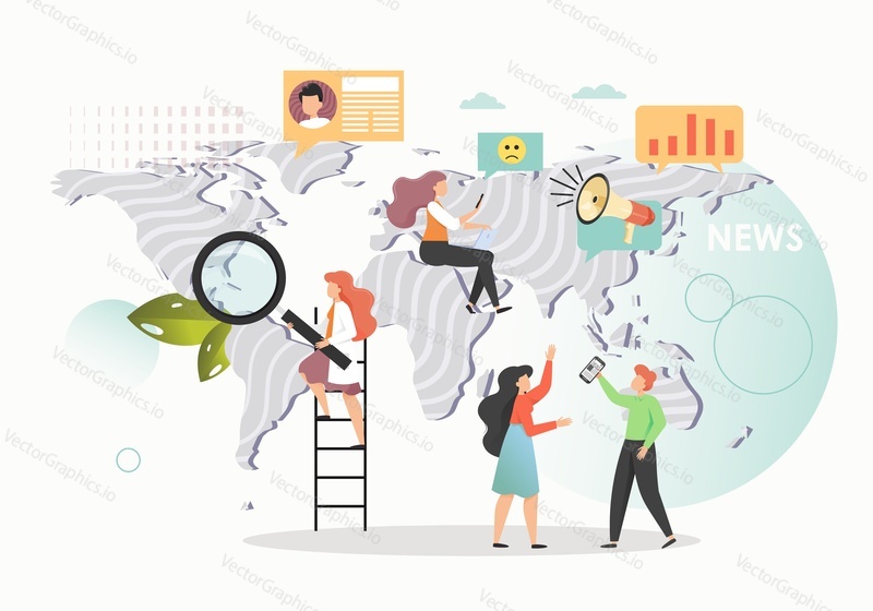 World news, vector concept flat illustration. People creating news reports and reading or watching the latest and live breaking world news online.