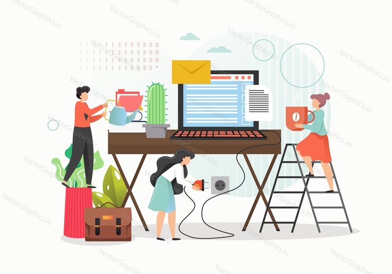 Tiny female characters working from home using laptop computer and internet connection, vector flat illustration. Remote work, freelance, home office.