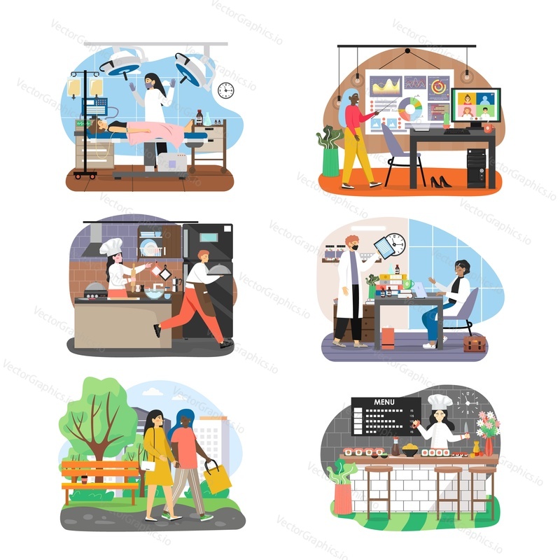 Women occupation set, flat vector isolated illustration. Female surgeon, doctor therapist, teacher or lecturer, restaurant chef, saleswoman in cafe. Women of different professions.