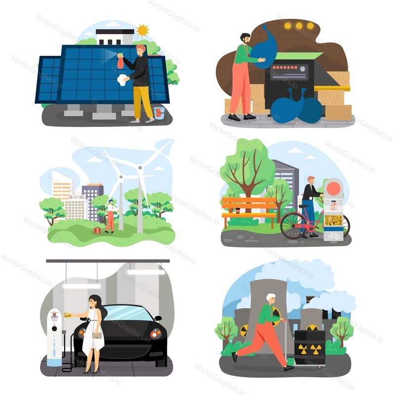 Eco green energy set, flat vector illustration. Male and female characters using wind and solar energy, riding eco bike transport, recharging electric car, collecting garbage. Eco friendly lifestyle.