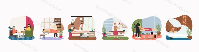 Massage therapy and relaxing spa body skincare procedures, flat vector illustration. People getting head, back, leg, anti cellulite lpg massage, taking bath. Cupping therapy. Osteopathy, physiotherapy