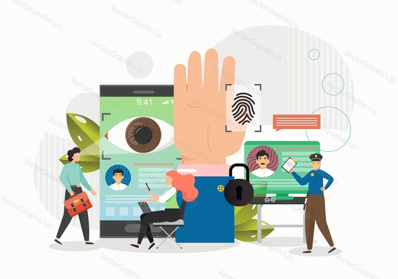 Biometric authentification. Face, eye, fingeprint recognition, flat vector illustration. Physiological types of biometrics. Modern identification technology.