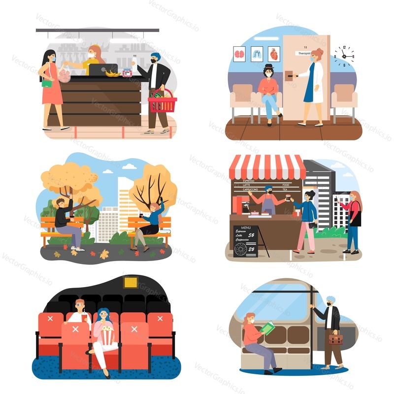 Social distancing set, flat vector illustration. People in medical masks keeping distance in supermarket, clinic park, metro cinema cafe. Social distancing for Covid-19 disease prevention, new normal.