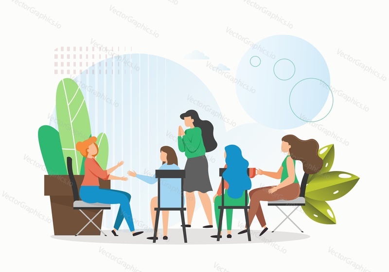 Female characters meeting. Patients having problems sitting in circle and talking, flat vector illustration. Group therapy, counseling, psychology help, group support.