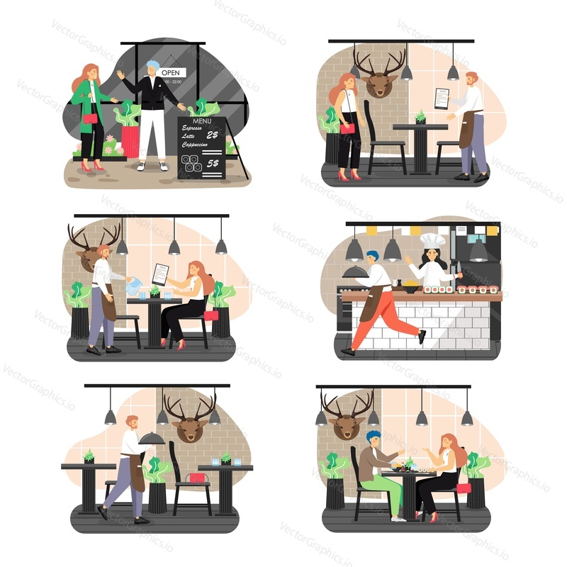 Restaurant scene set, flat vector isolated illustration. Happy couple eating, restaurant chef preparing rolls and sushi, waiters taking orders and serving dish. Sushi bar, japanese cuisine.